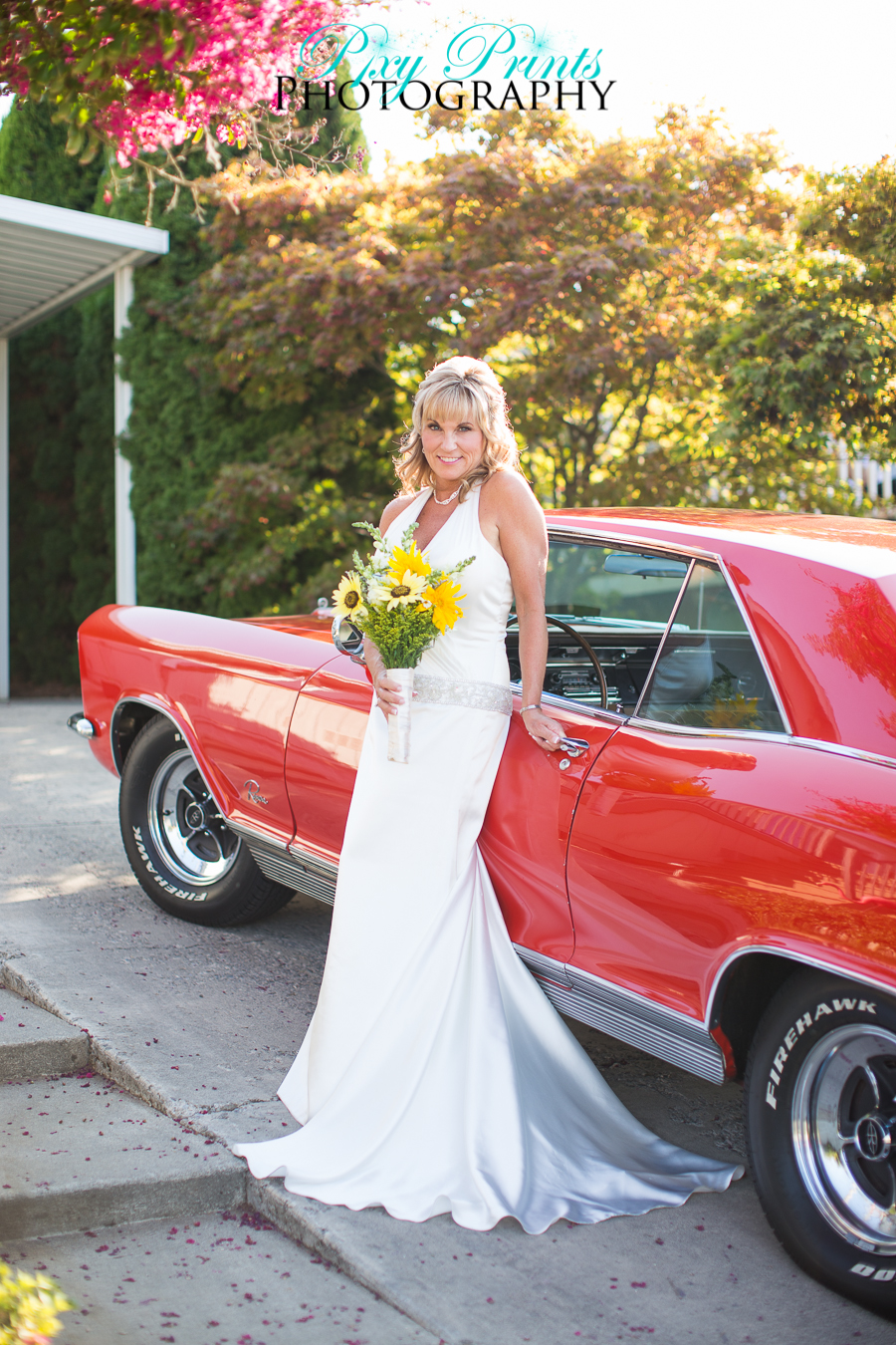 bride with old car